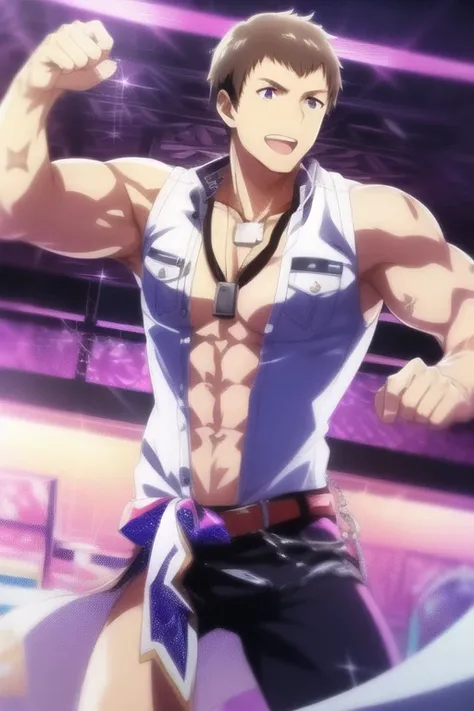 shingenseiji, idol master side m, (masterpiece:1.5), (best quality:1.5), (high quality:1.5), (solo:1.27), (muscular male:1.27), (bara:1.27), satisfaction, happy, pleasure, (dynamic angle:1.21),(dynamic hair:1.27),(detailed pupils:1.21),looking at viewer, (dynamic pose:1.15), (beautiful detailed hands:1.21), illustration, (cinematic light:1.15), ultra detailed, (disheveled hair:1.34), big bulge, (large pectorals:1.3), pectoral cleavage, sidepec, (abs:1.3), (thighs:1.3), (bulky:1.2), novel_illustration, anime_screencap, dogtag, open shirt