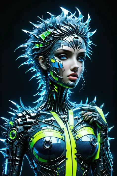 Biomech,<lora:Da_Vinci-000008:1>,Made_of_pieces_broken_glass,<lora:Made_of_pieces_broken_glass_v2-000005:0.5>,ral-reflectivest,<lora:ral-reflectivest-sdxl:0.8>,
A sexy and beautiful woman,bio-mechanical style,cyberpunk style,fluorescent,