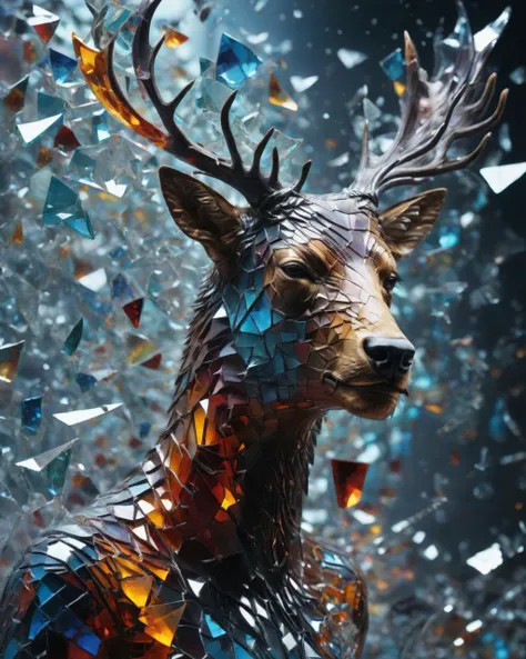 Concept art, Chic (Elk:1.1) , Suffering, Cutester Art, Direct light, Depth of field 270mm, Warm Colors, Liminal dream, Complex background, 8K, High quality, <lora:Made_of_pieces_broken_glass_v2:1> Made_of_pieces_broken_glass, glass, shards, broken glass, transparent glass, pieces of glass