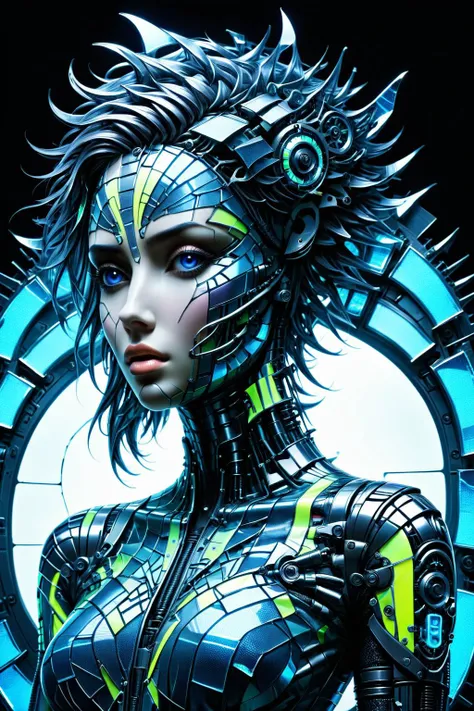 Biomech,<lora:Da_Vinci-000008:1>,Made_of_pieces_broken_glass,<lora:Made_of_pieces_broken_glass_v2-000005:0.5>,ral-reflectivest,<lora:ral-reflectivest-sdxl:0.8>,
A sexy and beautiful woman,bio-mechanical style,cyberpunk style,fluorescent,