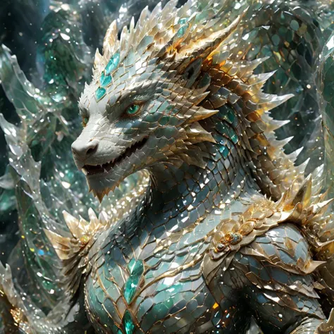 gleaming diamond dragon with golden accents,radiating light,amidst brilliance,symetrical hyperdetailed texture,concept art,artstation,perfect composition,masterpiece,glittering professional photography,macro,canon lens,shot on dslr 64 megapixels sharp focus ethereal,from side,<lora:Classic Western Dragons XL>,<lora:xl_more_art-full_v1:1>,<lora:JuggerCineXL2:1>,<lora:add-detail-xl:1>,<lora:dungeons_and_dragons_xl_v3:0.5>,<lora:SDXL_Sacred_beast:0.2>,<lora:jade:0.6>,(girl:0.6),<lora:xl-shanbailing-1025-eastern dragon-000008:0.8>,<lora:Made_of_pieces_broken_glass_v2-000005:0.5>,