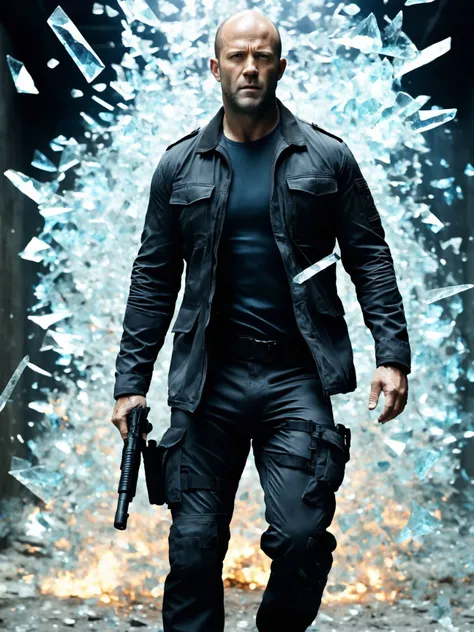 cinematic still of Jason Statham as an action hero with tactical gear in a cinematic action movie scene, explosion of pieces of glass , shards and broken glass <lora:Made_of_pieces_broken_glass:1> <lora:add-detail-xl:1>