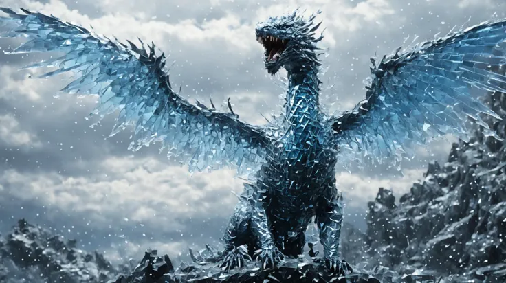<lora:Classic Western Dragons XL:0.5>,<lora:dungeons_and_dragons_xl_v3:0.2>,<lora:xl_more_art-full_v1:0.3>,<lora:Made_of_pieces_broken_glass-000001:2>,<lora:JuggerCineXL2:0.2>,
intricate detail,cinematic lighting,amazing shading,soft lighting,perfect eyes,(masterpiece),photo_(medium),(realistic:1.2),game cg,
Made_of_pieces_broken_glass,glass,shards,ice,transparent scales,finely broken glass,(ice scales:1.5),
no humans,panorama,landscape,atmospheric perspective,wide_shot,from side,dramatic atmosphere,snow mountain,(cloud:1.1),fog,snowing,
(solo:1.5),dragon,white dragon,symmetrical wings,ice wings,shouting,muscular,(white_scales:1.2),(blue scale:0.8),blue eyes,sharp_teeth,wide open blue mouth,dragon horns,4_legs,long tail,claw,standing on the top of mountain,huge body,