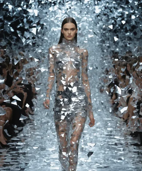 Made_of_pieces_broken_glass, A high-fashion runway show where the models wear avant-garde outfits entirely made from chic, sparkling glass shards <lora:Made_of_pieces_broken_glass:0.8>,<add-detail-xl:0.75>, best quality, masterpiece, uhd, 8k,Canon EOS R3