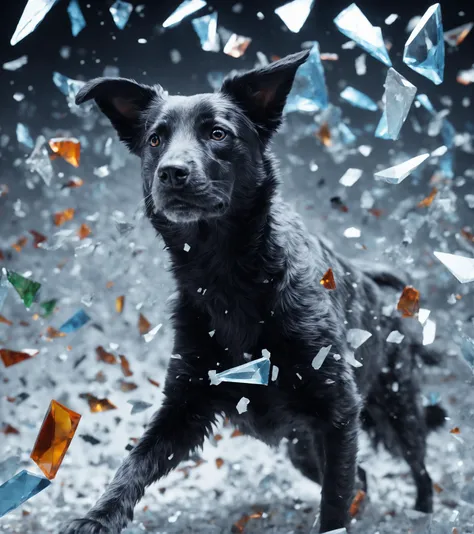 Made_of_pieces_broken_glass solo,blurry,no human, dog jumping, focus on a dog,debris,shards, pale colors, glowing, <lora:Made_of_pieces_broken_glass-000001:0.8>