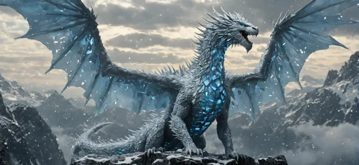 <lora:Classic Western Dragons XL:0.7>,<lora:dungeons_and_dragons_xl_v3:0.2>,<lora:xl_more_art-full_v1:0.1>,<lora:Made_of_pieces_broken_glass-000001:1.2>,<lora:JuggerCineXL2:0.1>,
intricate detail,cinematic lighting,amazing shading,soft lighting,perfect eyes,(masterpiece),photo_(medium),(realistic:1.2),game cg,
Made_of_pieces_broken_glass,glass,shards,ice,transparent scales,finely broken glass,
no humans,panorama,landscape,atmospheric perspective,wide_shot,dramatic atmosphere,snow mountain,(cloud:1.1),fog,snowing,
(solo:1.2),dragon,white dragon,symmetrical wings,ice wings,shouting,muscular,(white_scales:1.2),golden scale on chest,(blue scale:0.8),(blue eyes:1.2),slit pupils,sharp_teeth,wide open blue mouth,dragon horns,4_legs,claw,standing on the top of mountain,
