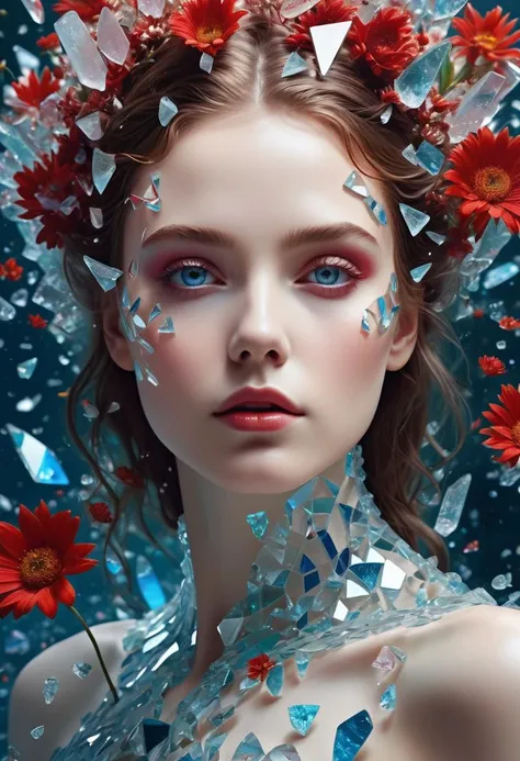 A glittering and dreamlike photorealistic digital render, A crystalline Goddess made of pieces of broken glass, puddle of Ocean, Flower room, Made_of_pieces_broken_glass, transparent glass, shards, pieces of glass, surreal, Angelic, hyperdetailed, glittering eyes,Red Mode,Alluring, 32k, complex and razor-sharp background with dynamic lighting, a masterpiece