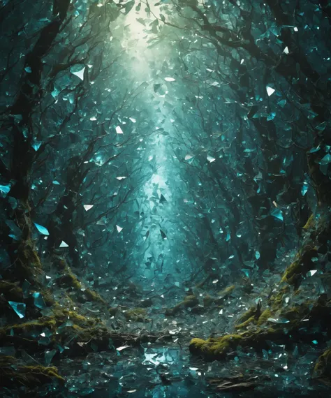 Made_of_pieces_broken_glass, A mystical forest scene where the trees, leaves, and wildlife are all intricately formed from shimmering glass shards <lora:Made_of_pieces_broken_glass:0.8>,<add-detail-xl:0.75>, best quality, masterpiece, uhd, 8k,Canon EOS R3