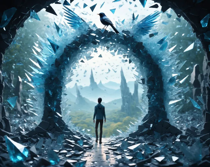 Made_of_pieces_broken_glass solo bird,shards, <lora:Made_of_pieces_broken_glass-000001:0.8>, epic insane detailed photo Early morning, sunrise, a picturesque fairy-tale area, a portal to another world standing on a hilltop framed by shards of broken glass, focus on the portal. Through the portal, you can see a dark night forest and a man walking away into the distance,