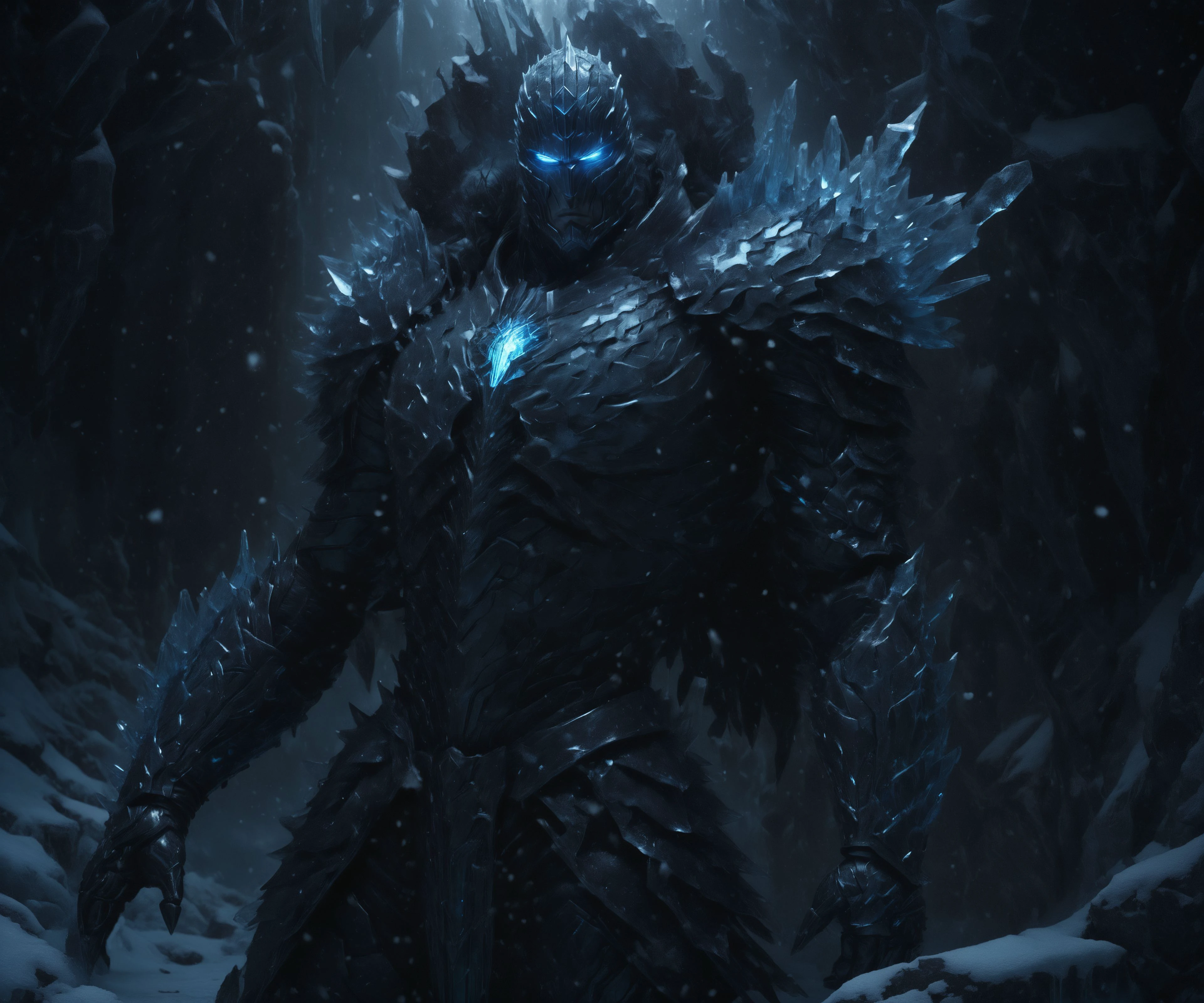 an (extremely detailed masterpiece) of one male (1boy) Warrior iceman (man made of glass) <lora:Made_of_pieces_broken_glass:1> with his short spikey ice hair wearing death knight armor (<lora:edg_DeathKnight:0.8> edgDeathKnight armor), (highly detailed (glowing) ice-blue eyes:1.2), (large muscles:1.5), (bulging muscles:1.1), (toned physique:1.1), (dark fantasy style), (moody color tones), (otherworldly:1.2), <lora:WorldofIce:0.8> worldofice, frozen, fantasy, scifi, magical, frosty, snow, ice, frozen water, (falling snow), (god rays:1.2), (soft lighting:1.2), medium depth of field, oil painting, (8k UHD, highest quality), <lora:add-detail-xl:0.8>, <lora:xl_more_art-full_v1:0.8>, <lora:DreamARTSDXL:0.9>