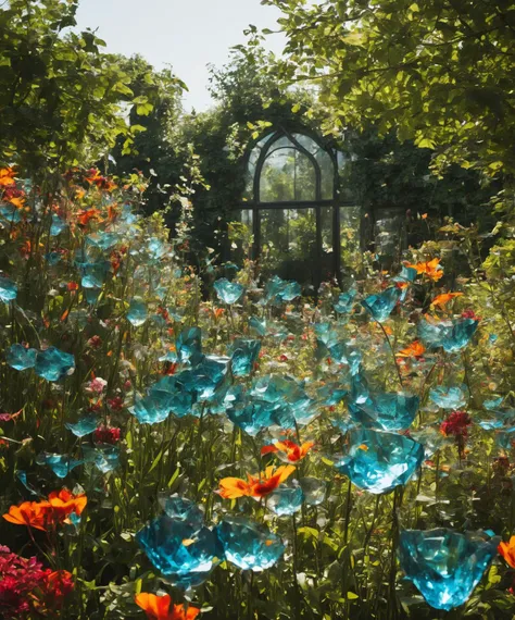 Made_of_pieces_broken_glass, A vibrant garden where every flower, blade of grass, and insect is exquisitely made from colorful glass shards <lora:Made_of_pieces_broken_glass:0.8>,<add-detail-xl:0.75>, best quality, masterpiece, uhd, 8k,Canon EOS R3