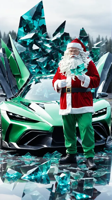 santa standing next to car,shards,glass,brocken glass,transparent glass,pieces of glass,Made_of_pieces_broken_glass,santa overlord concept hypercar,green car,<lora:Made_of_pieces_broken_glass-000001:0.9>,<lora:AI_Overlord_Santas_-_The_Green_Team_LoRA:1>,greenteam,