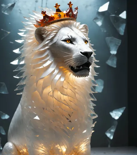 Made_of_pieces_broken_glass transparent sculpture,solo,lion,with a crown on his head, focus on a lion, glass,crack,broken glass,amber light,<lora:Made_of_pieces_broken_glass_v2-000005:0.8>