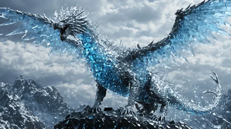 <lora:Classic Western Dragons XL:0.5>,<lora:dungeons_and_dragons_xl_v3:0.2>,<lora:xl_more_art-full_v1:0.3>,<lora:Made_of_pieces_broken_glass-000001:2>,<lora:JuggerCineXL2:0.2>,
intricate detail,cinematic lighting,amazing shading,soft lighting,perfect eyes,(masterpiece),photo_(medium),(realistic:1.2),game cg,
Made_of_pieces_broken_glass,glass,shards,ice,transparent scales,finely broken glass,(ice scales:1.5),
no humans,panorama,landscape,atmospheric perspective,wide_shot,from side,dramatic atmosphere,snow mountain,(cloud:1.1),fog,snowing,
(solo:1.5),dragon,white dragon,symmetrical wings,ice wings,shouting,muscular,(white_scales:1.2),(blue scale:0.8),blue eyes,sharp_teeth,wide open blue mouth,dragon horns,4_legs,long tail,claw,standing on the top of mountain,huge body,