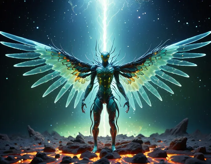 full body photo, gigantic scaled vascular terrifying crustacean soul, six-fingered hands, spiked-tailed, transparent skin, slit ears, celestial wings ((vertical lines,plasma,hexagonal prism,rhombus,mint green,olive spore print glimmer,luminescent ,animation tool (light table, animation software),prefabricated materials electric current,translation,cosmic ray magic:1.0) wings attached to the back), <lora:Made_of_pieces_broken_glass-000001:1.0> Made_of_pieces_broken_glass, <lora:ral-lava-sdxl:0.5> ral-lava, coral reef
absurdres, masterpiece, award-winning photography, Volumetric lighting, extremely detailed, highest quality photo, RAW photo, 16k resolution, Fujifilm XT3, sharp focus, realistic texture
