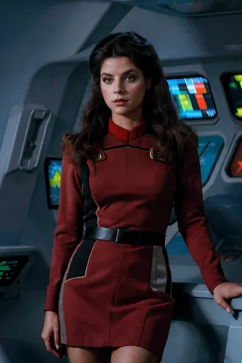 full body shot, photorealistic photo of Krloal, woman, stoic expression, skeptical expression, wearing a red star trek dress, standing on the bridge of the Enterprise, looking at the camera, realistic, (masterpiece:1.1), (best quality:1.1), beautiful, (intricate details), unity 8k wallpaper, ultra detailed, aesthetic, perfect lighting, <lora:Krloal_V1-000008:0.85>