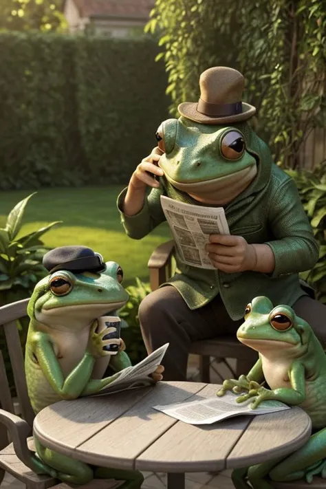 funny, complex scene, HD, Concept art, beautiful home garden full of detais in a sunny day, background, masterpiece, best render, high res, best resolution, photorealistic, 2 funny frogs are reading a newspaper on a garden table sitting on chairs while drinking cofee, highly detailed frogs, funny, frog wearing a detective hat, ulrea detailed skin