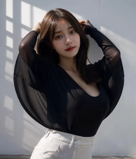realistic, detailed, Japanese, happy, long voluminous hair, cleavage, standing, black top,
dark theme,
BREAK
white trousers
deep shadows,
<lora:JapaneseDollLikeness_v15:0.8>