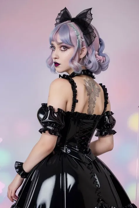 transparent black gloves, solo, smile, hairstyle, jewelry, dress, bangs, kawaii, black and blue, daring, anime, pastel, neon, character list, clothing list,