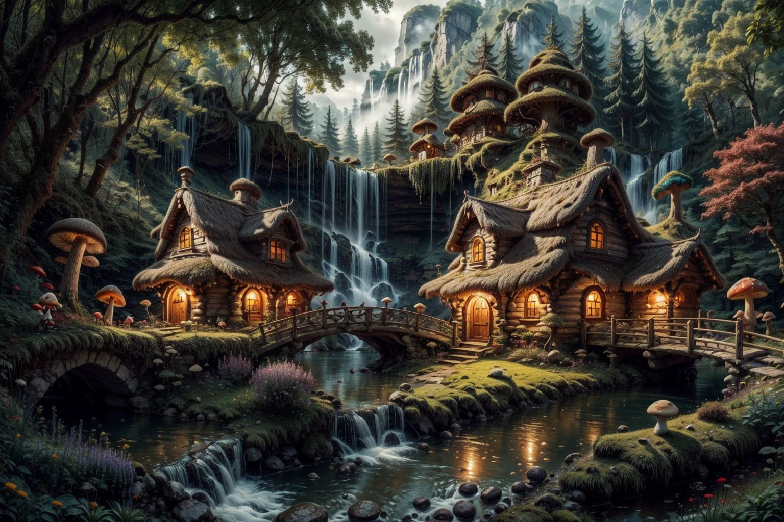 , intricate, ultrafine detail, realistic, perfect exposure,
<lora:Magical_Forest_Home_v2:0.55>, Magical_Forest_Home,
a village of mushroom houses near a babbling brook, waterfall, bridges,
mushrooms, Mushroom house, magic, rainbow, sharp focus, (gnomes:1.2), <lora:add_detail:.5> <lora:more_details:.5>