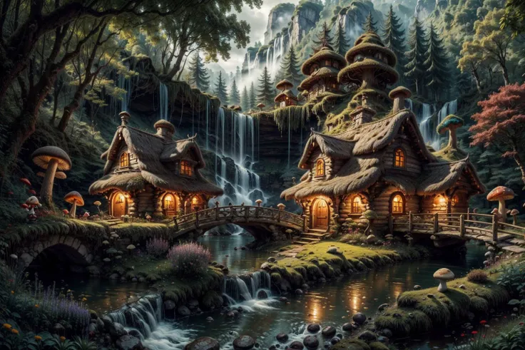 , intricate, ultrafine detail,  realistic, perfect exposure,
<lora:Magical_Forest_Home_v2:0.55>, Magical_Forest_Home,
a village of mushroom houses near a babbling brook, waterfall, bridges, 
mushrooms, Mushroom house, magic, rainbow, sharp focus, (gnomes:1.2), <lora:add_detail:.5> <lora:more_details:.5>