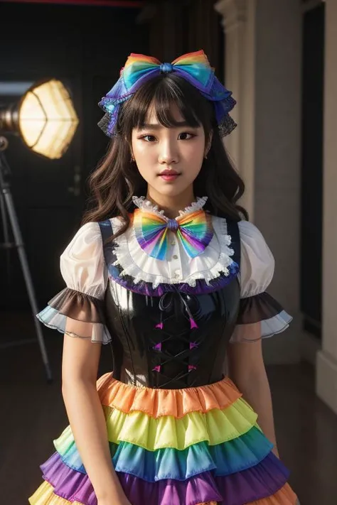 (rainbow theme, lolitafashion:1.3), masterpiece, best quality, professional detailed (medium shot) photo of (beautiful Asian woman) wearing (intricate rainbow lolitadress, multilayered dress:1.2), (shiny glossy translucent clothing, gleaming oily fabric :1.1), (perfect face, beautiful face, symmetric face), rainbow (lipstick, eyeshadow, mascara, heavy makeup:1.1), (frills, lace, bows:1.2), (rainbow stockings:1.1), (rainbow hair),
ultra wide angle shot, cinematic style, 8k, RAW photo, photo-realistic, masterpiece, best quality, absurdres, incredibly absurdres, huge filesize, extremely detailed, High quality texture, Cinematic Lighting, physically-based rendering, Ray tracing,