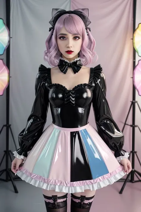 (glossy pastel goth lolitafashion:1.3), masterpiece, best quality, professional detailed (medium shot) photo of (beautiful adult woman) wearing (glossy latex intricate pastel goth lolitadress, multilayered dress:1.2), (shiny glossy translucent clothing, gleaming oily latex fabric :1.1), (perfect face, beautiful face, symmetric face), pastel goth (lipstick, eyeshadow, mascara), (lots of frills, lots of lace, many bows:1.1), (pastel goth stockings:1.1),
ultra wide angle shot, cinematic style, 8k, RAW photo, photo-realistic, masterpiece, best quality, absurdres, incredibly absurdres, huge filesize, extremely detailed, High quality texture, Cinematic Lighting, physically-based rendering, Ray tracing,