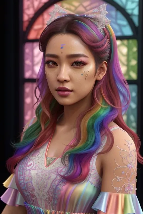 (rainbow theme:1.3), professional detailed (full body) photo of (beautiful Korean princess) wearing (intricate rainbow princess dress, multilayered dress:1.2), (shiny glossy translucent clothing, gleaming oily fabric :1.1), (perfect face, beautiful face, symmetric face), rainbow (lipstick, eyeshadow, mascara, heavy makeup:1.1), (frills, lace, bows:1.2), (rainbow stockings:1.1), (rainbow hair:1.1),
cinematic style, 8k, RAW photo, photo-realistic, masterpiece, best quality, absurdres, incredibly absurdres, huge filesize, extremely detailed, High quality texture, physically-based rendering, Ray tracing,