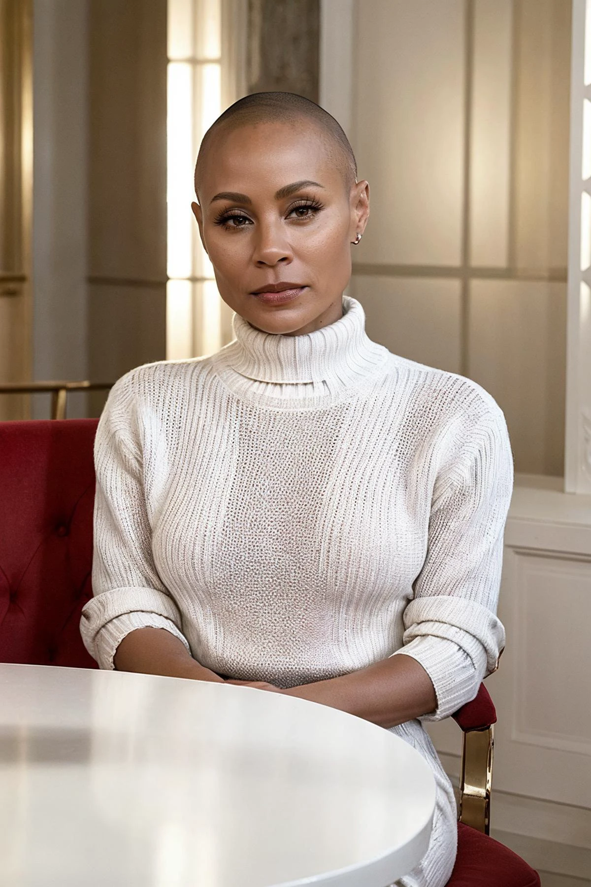 (full body shot:0.7), photorealistic photo of Japism, a bald woman, stunning and brave, solo, wearing a white sweater, sitting at a (red table:1.1), confessing that she had an entanglement with one of her son's friends, nothing wrong with that tho, it is what it is, please don't judge others, plus they have been separated since 2016 so it's ok, epic, looking at the camera, realistic, (masterpiece:1.1), (best quality:1.1), beautiful, (intricate details), unity 8k wallpaper, ultra detailed, aesthetic, perfect lighting, <lora:Japism_V1-000007:0.85>