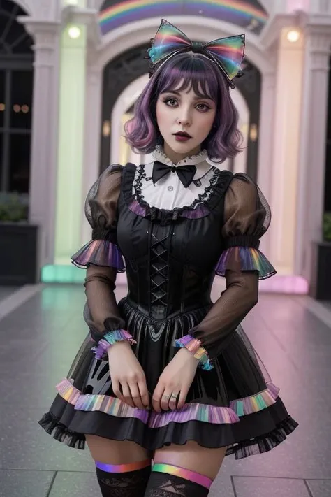(glossy pastel goth lolitafashion:1.3), masterpiece, best quality, professional detailed (medium shot) photo of (beautiful adult woman) wearing (glossy intricate rainbow lolitadress:1.2), (shiny glossy translucent clothing, gleaming oily fabric :1.1), (perfect face, beautiful face, symmetric face), pastel goth (lipstick, eyeshadow, mascara, heavy makeup:1.1), (frills, lace, bows:1.2), (pastel goth stockings:1.1),
ultra wide angle shot, cinematic style, 8k, RAW photo, photo-realistic, masterpiece, best quality, absurdres, incredibly absurdres, huge filesize, extremely detailed, High quality texture, Cinematic Lighting, physically-based rendering, Ray tracing,