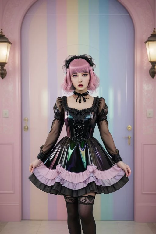 (glossy pastel goth lolitafashion:1.3), masterpiece, best quality, professional detailed (medium shot) photo of (beautiful adult woman) wearing (glossy intricate pastel goth lolitadress, multilayered dress:1.2), (shiny glossy translucent clothing, gleaming oily latex fabric :1.1), (perfect face, beautiful face, symmetric face), pastel goth (lipstick, eyeshadow, mascara), (frills and lace:1.1), (pastel goth stockings:1.1),
ultra wide angle shot, cinematic style, 8k, RAW photo, photo-realistic, masterpiece, best quality, absurdres, incredibly absurdres, huge filesize, extremely detailed, High quality texture, Cinematic Lighting, physically-based rendering, Ray tracing,