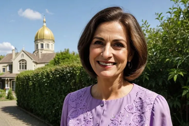photorealistic photo of Ritmore, a middle aged woman, fine lines and wrinkles, wearing a purple blouse, 1960s, 60s style, glamour, standing outdoors, outside, smiling, looking at the camera, realistic, (masterpiece:1.1), (best quality:1.1), beautiful, (intricate details), unity 8k wallpaper, ultra detailed, aesthetic, sun lighting, <lora:Ritmore_V1-000008:0.8> femdom fart face fart punish