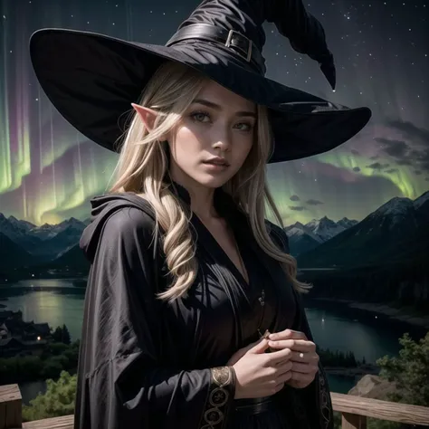 intricate clothing, detailed skin, milf, (detailed face:1.4), cinematic composition, 1girl, long hair, light ash blonde hair, (witch:1.5), (intricate black robe:1.4), (pointed hat:1.3), (enchanted amulet:1.0), holding magical staff,  mystical, enchanting, dark, magical, (beautiful, gorgeous:1.1), content, relaxed, soft smile, (looking at viewer:1.4), tight clothes
BREAK
detailed background, chinese landscape, chinese standing stones,, epic view, grand scenery, tall trees, (mountainous glaciers:1.2), (night, midnight, night sky:1.4), european, caucasian,, (masterpiece:1.3), subsurface scattering, heavy shadow, (high quality:1.4), (intricate, high detail:1.2), professional photography, HDR, High Dynamic Range, realistic, ultra realistic, photorealistic, high resolution, rule of thirds, film photography, DSLR, <lora:add_detail:.5> <lora:more_details:.5> elf, elf ears, shooting stars, aurora,  milky way