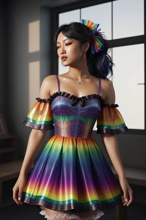 (full body:1.3), an upskirt portrait of sexy light skin (ebony:0.65) maid wearing ((lace) gray french maid outfit [and white apron]:1.3), seductive bimbo, high tights, (absolute territory, zettai ryoiki:1.2), multicolor hair, afro hair, perfect body, perfect breasts, (complex background:1.2), intricate background, flirting with camera, (oily skin covered with colorful ink:1.4), (colorful hallucinations:1.1), detailed skin texture, detailed cloth texture, photo realistic, 20 megapixel, nikon d850, ((intricate, vibrant, photo realistic, realistic, 8k)), volumetric lights, subsurface scattering, sharp, retouched, intricate detail, (detailed background:1.3), (giger:1.2), (beksinski:1.1), (carne griffiths:1.2)
