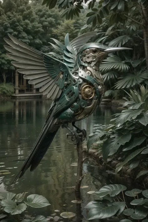 ((masterpiece)), ((best quality)), 8k, high detailed, ultra-detailed, A mechanical bird, harmoniously integrated into the beauty of nature, capturing the balance between technology and the environment, mechanical bird, ((nature)), ((harmonious integration)), ((technology and environment balance)), metallic feathers, gear mechanisms, perched on tree branch, fluttering leaves, sun rays through canopy, reflection in a pond., ultrafine detail , realistic, raw photo, perfect exposure, ,