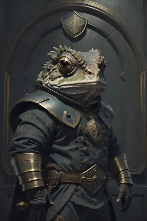 masterpiece, (colorful:1.2), best quality, (regal:1.2) toad, duke, holding shield weapon, shield, (gold trim:1.1), , > , , (platemail:1.2),( profesionally color graded:1.3),,