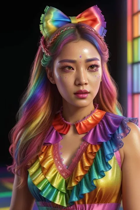 (rainbow theme:1.3), professional detailed (full body) photo of (beautiful Korean princess) wearing (intricate rainbow princess dress, multilayered dress:1.2), (shiny glossy translucent clothing, gleaming oily fabric :1.1), (perfect face, beautiful face, symmetric face), rainbow (lipstick, eyeshadow, mascara, heavy makeup:1.1), (frills, lace, bows:1.2), (rainbow stockings:1.1), (rainbow hair:1.1),
ultra wide angle shot, cinematic style, 8k, RAW photo, photo-realistic, masterpiece, best quality, absurdres, incredibly absurdres, huge filesize, extremely detailed, High quality texture, Cinematic Lighting, physically-based rendering, Ray tracing,