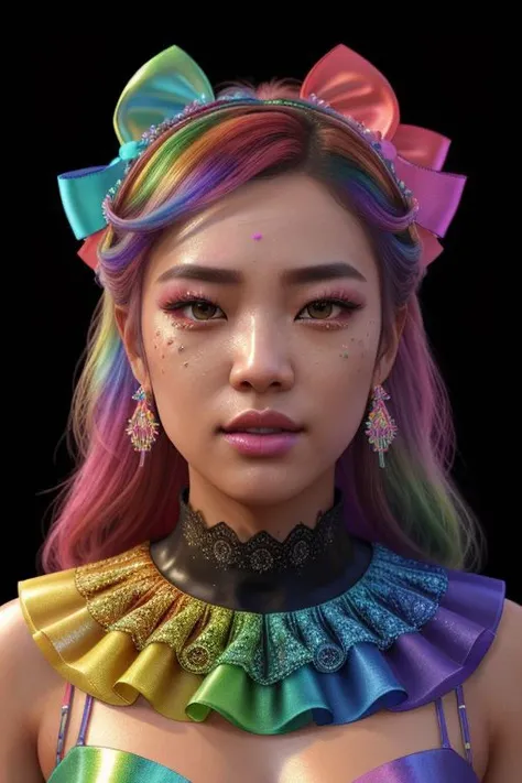 (rainbow theme:1.3), professional detailed (full body) photo of (beautiful Korean princess) wearing (intricate rainbow princess dress, multilayered dress:1.2), (shiny glossy translucent clothing, gleaming oily fabric :1.1), (perfect face, beautiful face, symmetric face), rainbow (lipstick, eyeshadow, mascara, heavy makeup:1.1), (frills, lace, bows:1.2), (rainbow stockings:1.1), (rainbow hair:1.1),
cinematic style, 8k, RAW photo, photo-realistic, masterpiece, best quality, absurdres, incredibly absurdres, huge filesize, extremely detailed, High quality texture, physically-based rendering, Ray tracing,