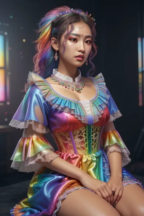 (rainbow theme:1.3), professional detailed (medium shot) photo of (beautiful Korean princess) wearing (intricate rainbow princess dress, multilayered dress:1.2), (shiny glossy translucent clothing, gleaming oily fabric :1.1), (perfect face, beautiful face, symmetric face), rainbow (lipstick, eyeshadow, mascara, heavy makeup:1.1), (frills, lace, bows:1.2), (rainbow stockings:1.1), (rainbow hair:1.1),
ultra wide angle shot, cinematic style, 8k, RAW photo, photo-realistic, masterpiece, best quality, absurdres, incredibly absurdres, huge filesize, extremely detailed, High quality texture, Cinematic Lighting, physically-based rendering, Ray tracing,
