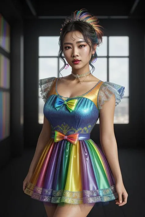 (rainbow theme:1.3), professional detailed (medium shot) photo of (beautiful Asian princess) wearing (intricate rainbow princess dress, multilayered dress:1.2), (shiny glossy translucent clothing, gleaming oily fabric :1.1), (perfect face, beautiful face, symmetric face), rainbow (lipstick, eyeshadow, mascara, heavy makeup:1.1), (frills, lace, bows:1.2), (rainbow stockings:1.1), (rainbow colored hair:1.1),
ultra wide angle shot, cinematic style, 8k, RAW photo, photo-realistic, masterpiece, best quality, absurdres, incredibly absurdres, huge filesize, extremely detailed, High quality texture, Cinematic Lighting, physically-based rendering, Ray tracing,