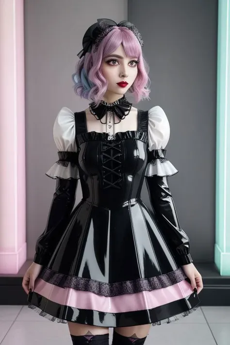 (glossy pastel goth tafashion:1.3), masterpiece, best quality, professional detailed (medium shot) photo of (beautiful adult woman) wearing (glossy latex intricate pastel goth loliess, multilayered dress:1.2), (shiny glossy translucent clothing, gleaming oily latex fabric :1.1), (perfect face, beautiful face, symmetric face), pastel goth (lipstick, eyeshadow, mascara), (lots of frills, lots of lace, many bows:1.1), (pastel goth stockings:1.1),
ultra wide angle shot, cinematic style, 8k, RAW photo, photo-realistic, masterpiece, best quality, absurdres, incredibly absurdres, huge filesize, extremely detailed, High quality texture, Cinematic Lighting, physically-based rendering, Ray tracing,