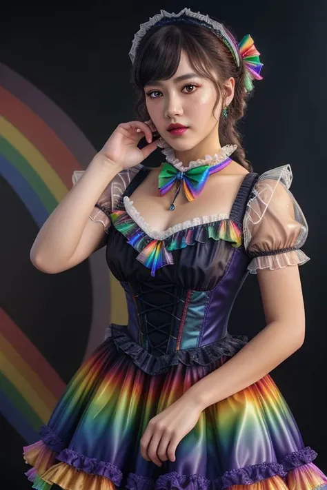 (lolitafashion:1.3), masterpiece, best quality, professional detailed (medium shot) photo of (beautiful adult woman) wearing (intricate rainbow lolitadress, multilayered dress:1.2), (shiny glossy translucent clothing, gleaming oily fabric :1.1), (perfect face, beautiful face, symmetric face), rainbow (lipstick, eyeshadow, mascara, heavy makeup:1.1), (frills, lace, bows:1.2), (rainbow stockings:1.1),
ultra wide angle shot, cinematic style, 8k, RAW photo, photo-realistic, masterpiece, best quality, absurdres, incredibly absurdres, huge filesize, extremely detailed, High quality texture, Cinematic Lighting, physically-based rendering, Ray tracing,