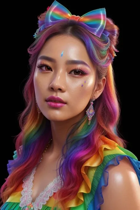 (rainbow theme:1.3), professional detailed (medium shot) photo of (beautiful Korean princess) wearing (intricate rainbow princess dress, multilayered dress:1.2), (shiny glossy translucent clothing, gleaming oily fabric :1.1), (perfect face, beautiful face, symmetric face), rainbow (lipstick, eyeshadow, mascara, heavy makeup:1.1), (frills, lace, bows:1.2), (rainbow stockings:1.1), (rainbow hair:1.1),
ultra wide angle shot, cinematic style, 8k, RAW photo, photo-realistic, masterpiece, best quality, absurdres, incredibly absurdres, huge filesize, extremely detailed, High quality texture, Cinematic Lighting, physically-based rendering, Ray tracing,