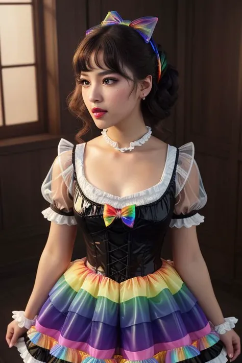 (lolitafashion:1.3), masterpiece, best quality, professional detailed (medium shot) photo of (beautiful adult woman) wearing (intricate rainbow lolitadress:1.2), (shiny glossy translucent clothing, gleaming oily fabric :1.1), (perfect face, beautiful face, symmetric face), rainbow (lipstick, eyeshadow, mascara, heavy makeup:1.1), (frills, lace, bows:1.2), (rainbow stockings:1.1),
ultra wide angle shot, cinematic style, 8k, RAW photo, photo-realistic, masterpiece, best quality, absurdres, incredibly absurdres, huge filesize, extremely detailed, High quality texture, Cinematic Lighting, physically-based rendering, Ray tracing,