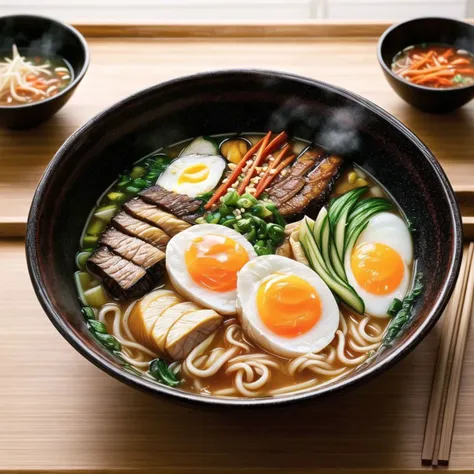 ultra detailed 8k realistic, a bowl japanese ramen, chopsticks resting gracefully, 1 egg, steam,, <lora:add_detail:.5> <lora:more_details:.5>