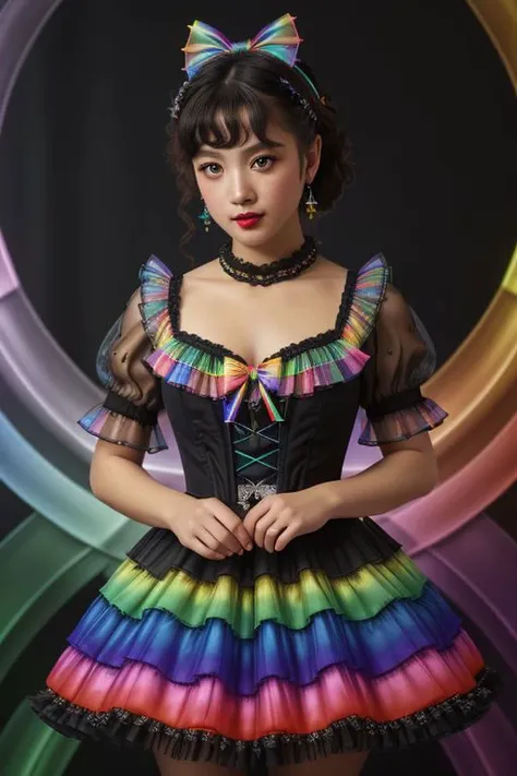 masterpiece, best quality,1girl,gothgal,frilly dress 8k,highres, ( flower_styler:1.2)(rainbow-candy:1.2)