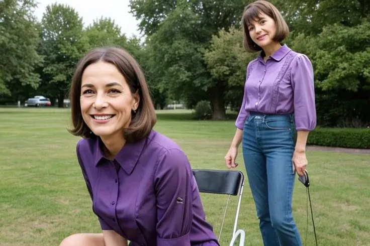 photorealistic photo of Ritmore, a middle aged woman, fine lines and wrinkles, wearing a purple blouse, 1960s, 60s style, glamour, standing outdoors, outside, smiling, looking at the camera, realistic, (masterpiece:1.1), (best quality:1.1), beautiful, (intricate details), unity 8k wallpaper, ultra detailed, aesthetic, sun lighting, <lora:Ritmore_V1-000008:0.8> femdom fart face fart punish
