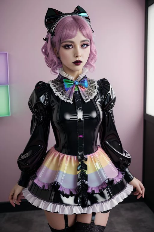 (glossy pastel goth tafashion:1.3), masterpiece, best quality, professional detailed (medium shot) photo of (beautiful adult woman) wearing (glossy latex intricate rainbow loliess:1.2), (shiny glossy translucent clothing, gleaming oily latex fabric :1.1), (perfect face, beautiful face, symmetric face), pastel goth (lipstick, eyeshadow, mascara, heavy makeup:1.1), (frills, lace, bows:1.2), (pastel goth stockings:1.1),
ultra wide angle shot, cinematic style, 8k, RAW photo, photo-realistic, masterpiece, best quality, absurdres, incredibly absurdres, huge filesize, extremely detailed, High quality texture, Cinematic Lighting, physically-based rendering, Ray tracing,