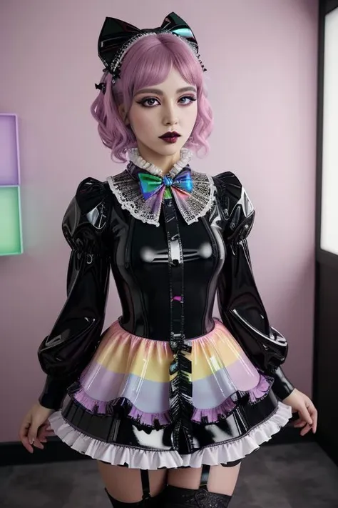 (glossy pastel goth ****tafashion:1.3), masterpiece, best quality, professional detailed (medium shot) photo of (beautiful adult woman) wearing (glossy latex intricate rainbow ****tadress:1.2), (shiny glossy translucent clothing, gleaming oily latex fabric :1.1), (perfect face, beautiful face, symmetric face), pastel goth (lipstick, eyeshadow, mascara, heavy makeup:1.1), (frills, lace, bows:1.2), (pastel goth stockings:1.1),
ultra wide angle shot, cinematic style, 8k, RAW photo, photo-realistic, masterpiece, best quality, absurdres, incredibly absurdres, huge filesize, extremely detailed, High quality texture, Cinematic Lighting, physically-based rendering, Ray tracing,