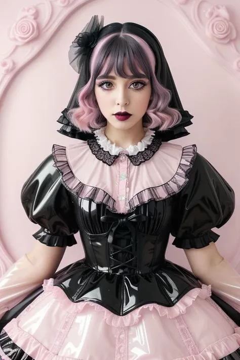 (glossy pastel goth lolitafashion:1.3), masterpiece, best quality, professional detailed (medium shot) photo of (beautiful adult woman) wearing (glossy intricate pastel goth lolitadress, multilayered dress:1.2), (shiny glossy translucent clothing, gleaming oily latex fabric :1.1), (perfect face, beautiful face, symmetric face), pastel goth (lipstick, eyeshadow, mascara), (frills and lace:1.1), (pastel goth stockings:1.1),